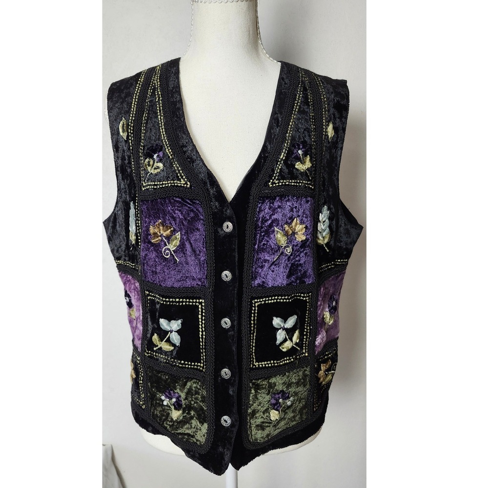 Vintage 90s White Stag Velvet Embroidered Patchwork Vest Whismygoth Purple Black